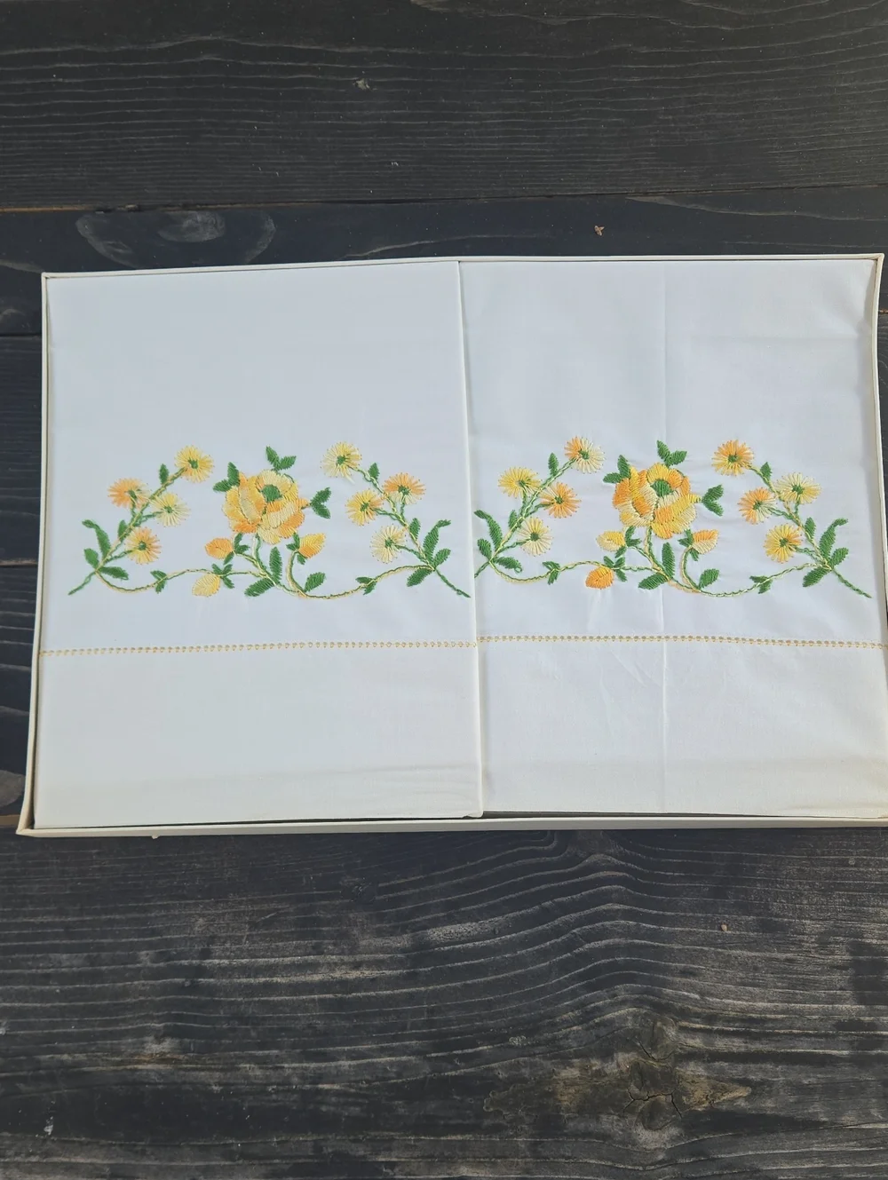 Vintage Yellow Floral Embroidered Pillowcases Set on White